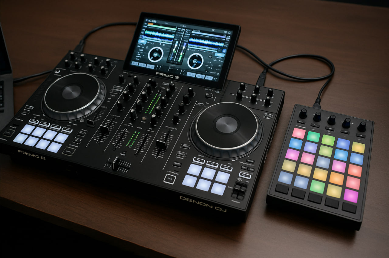 setup DJ hybrid dengan Denon Prime 2 yang terhubung ke pad controller MIDI di meja performa, menampilkan kombinasi sistem standalone dan kontroler loop eksternal dalam lingkungan live mixing profesional