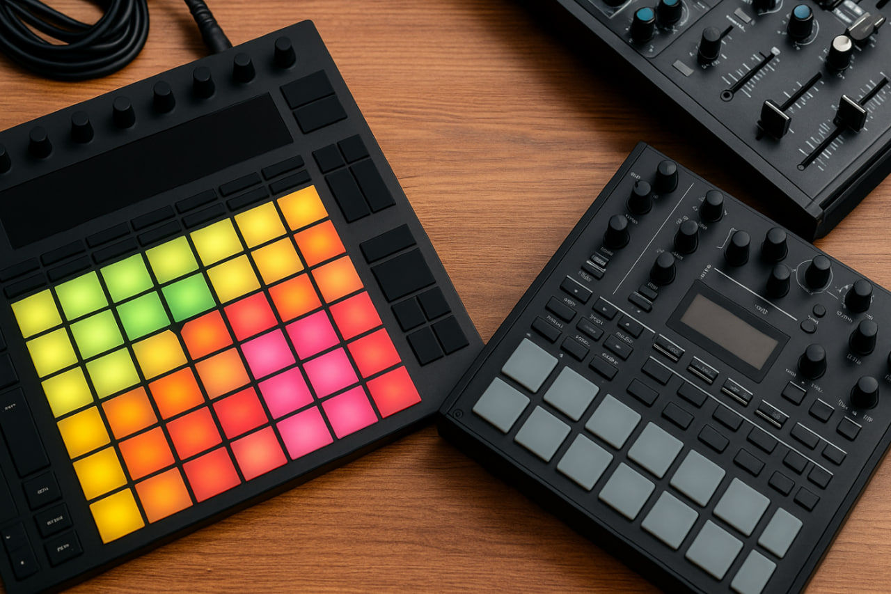 perbandingan pad controller DJ dan drum machine dalam format landscape di atas meja kayu, menonjolkan grid pad berwarna pada pad controller dan tombol serta knob pengatur beat pada drum machine