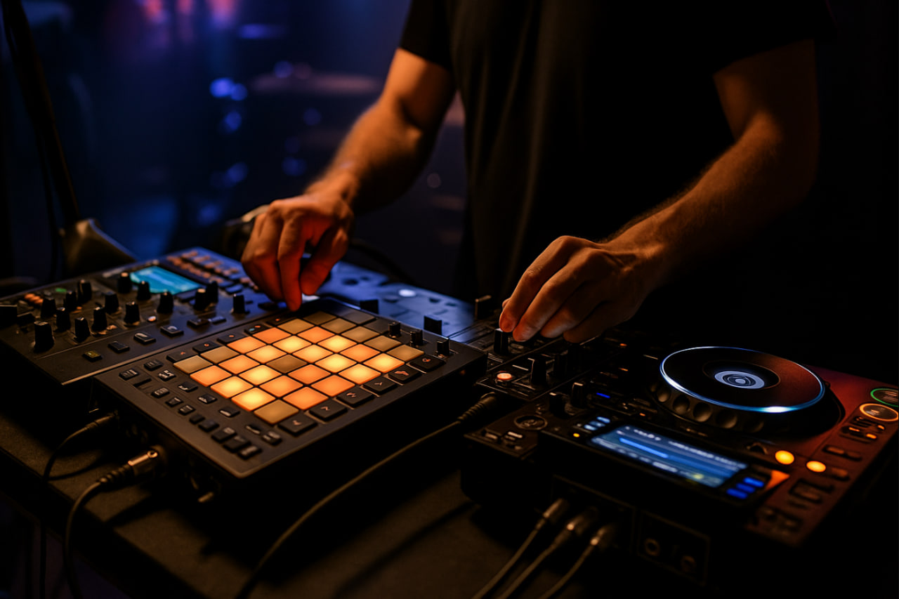 DJ melakukan live sampling dengan drum machine dan mixer dalam setup hybrid, menampilkan pad berwarna dan kontrol mixer di atas meja panggung dengan pencahayaan dramatis