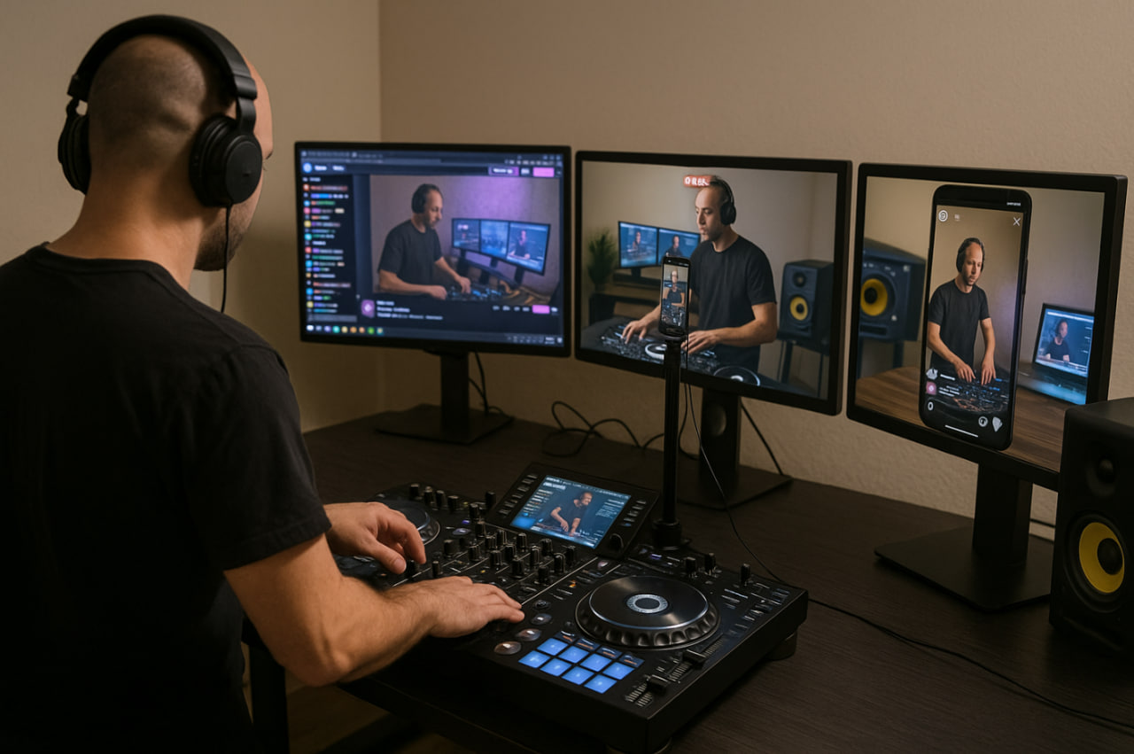 DJ melakukan livestream di 2025 dengan tiga layar monitor menampilkan Twitch, TikTok, dan Instagram dalam setup studio profesional.