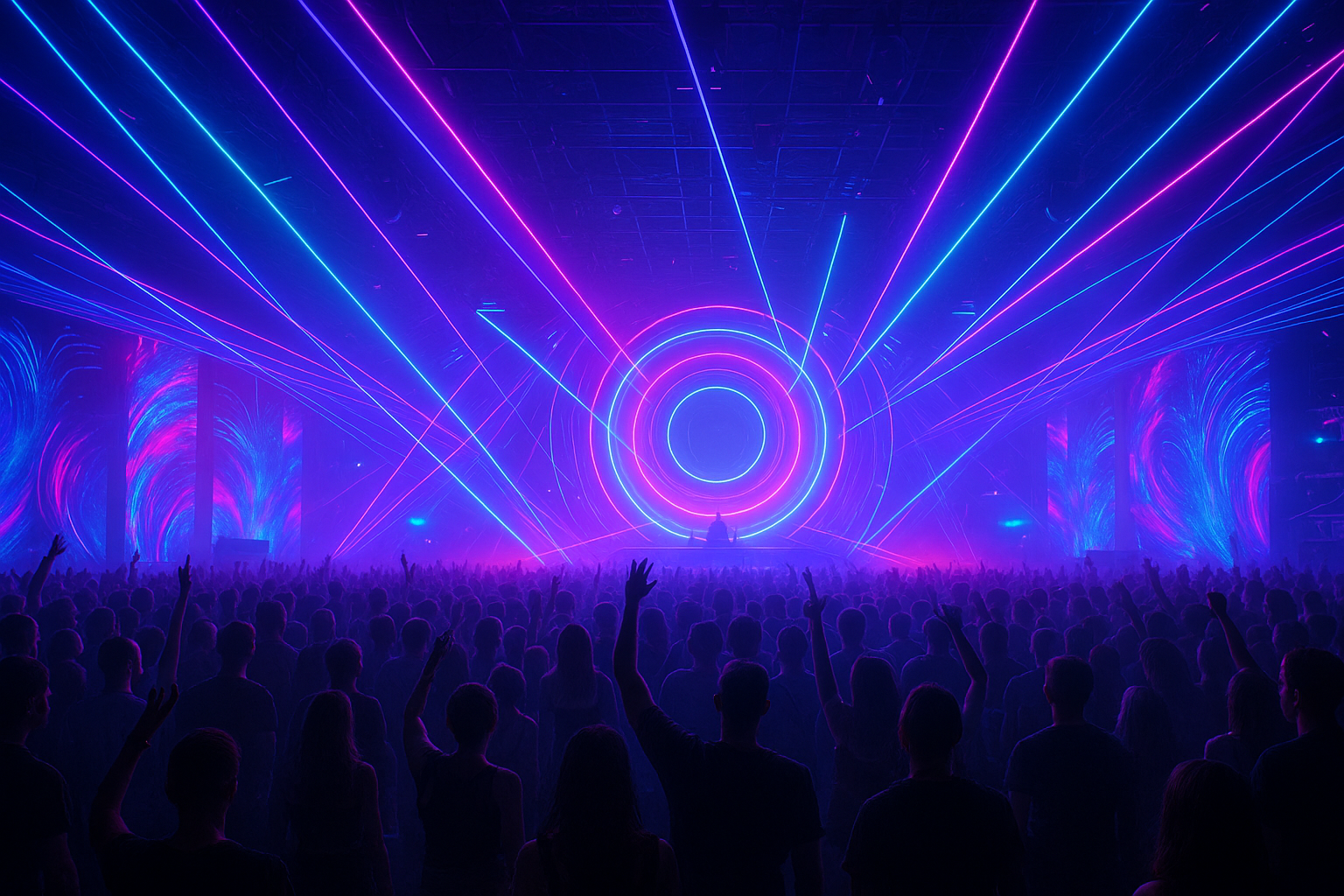 Budaya rave 2025 dengan visual neon futuristik dan crowd festival