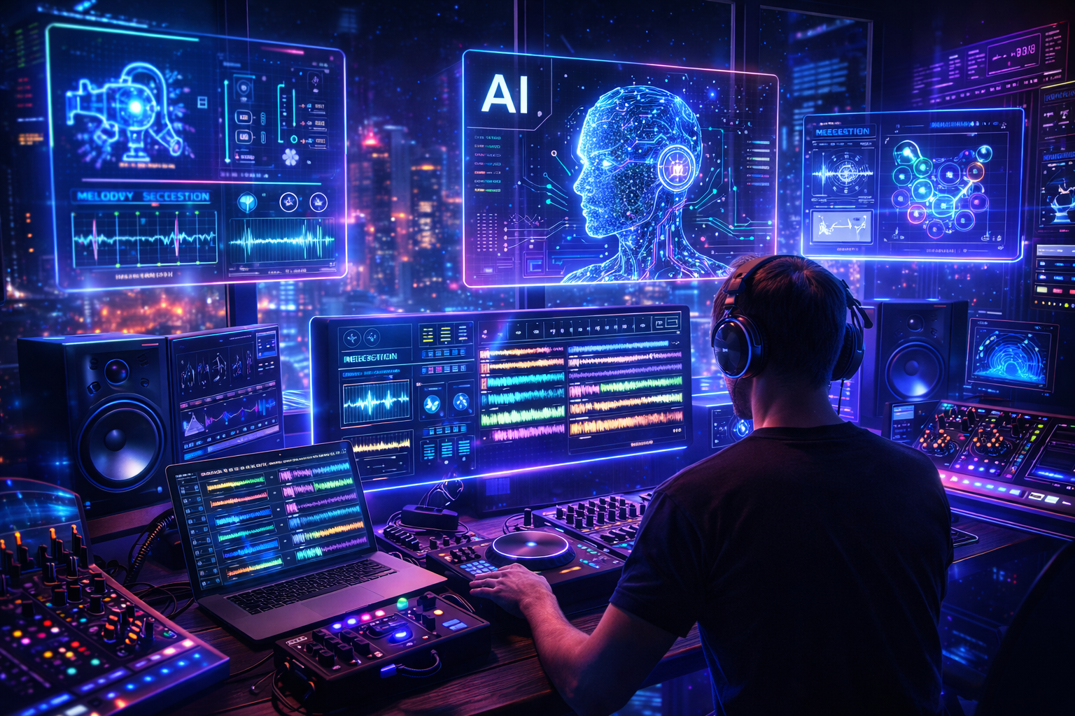 AI dalam produksi musik elektronik 2025 dengan studio DJ futuristik