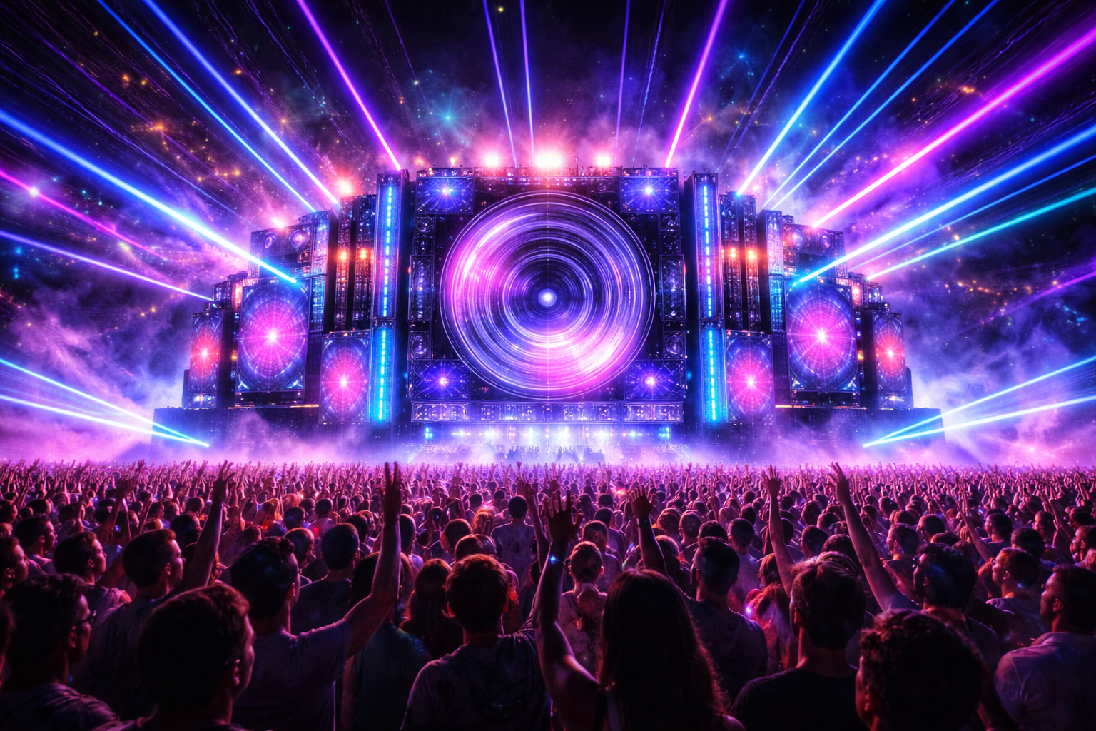 Visual rave 2025 dengan LED futuristik dan laser di festival elektronik