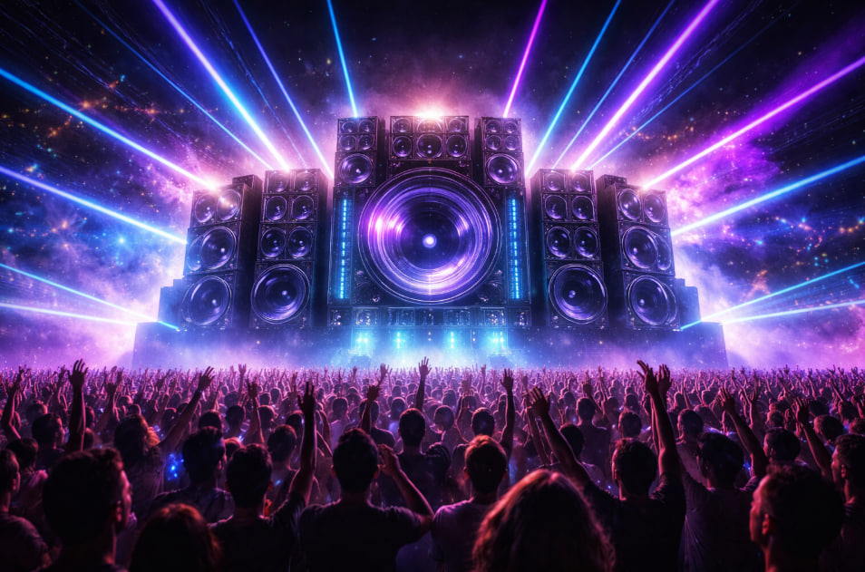 Sound system rave 2025 dengan speaker besar dan suasana festival elektronik