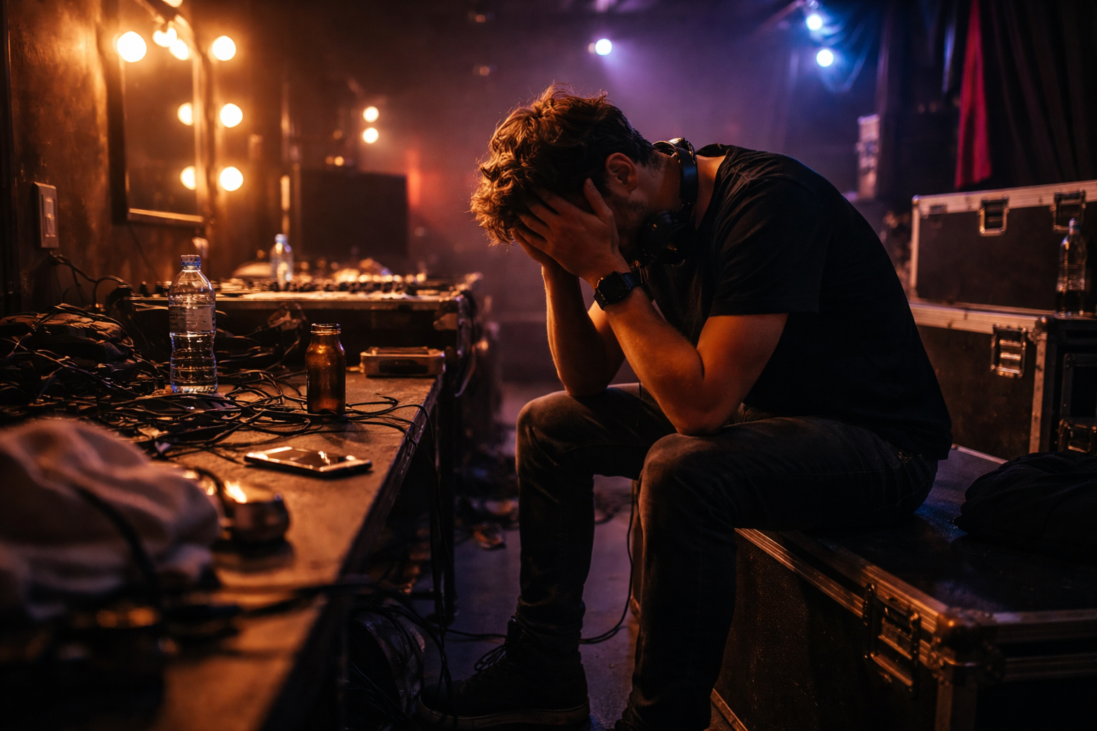 Burnout DJ 2025 dengan suasana backstage dan pencahayaan redup